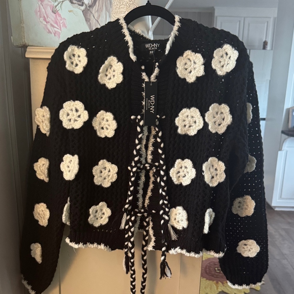 WD.NY Black Crocheted Cardigan with White Floral Appliqués